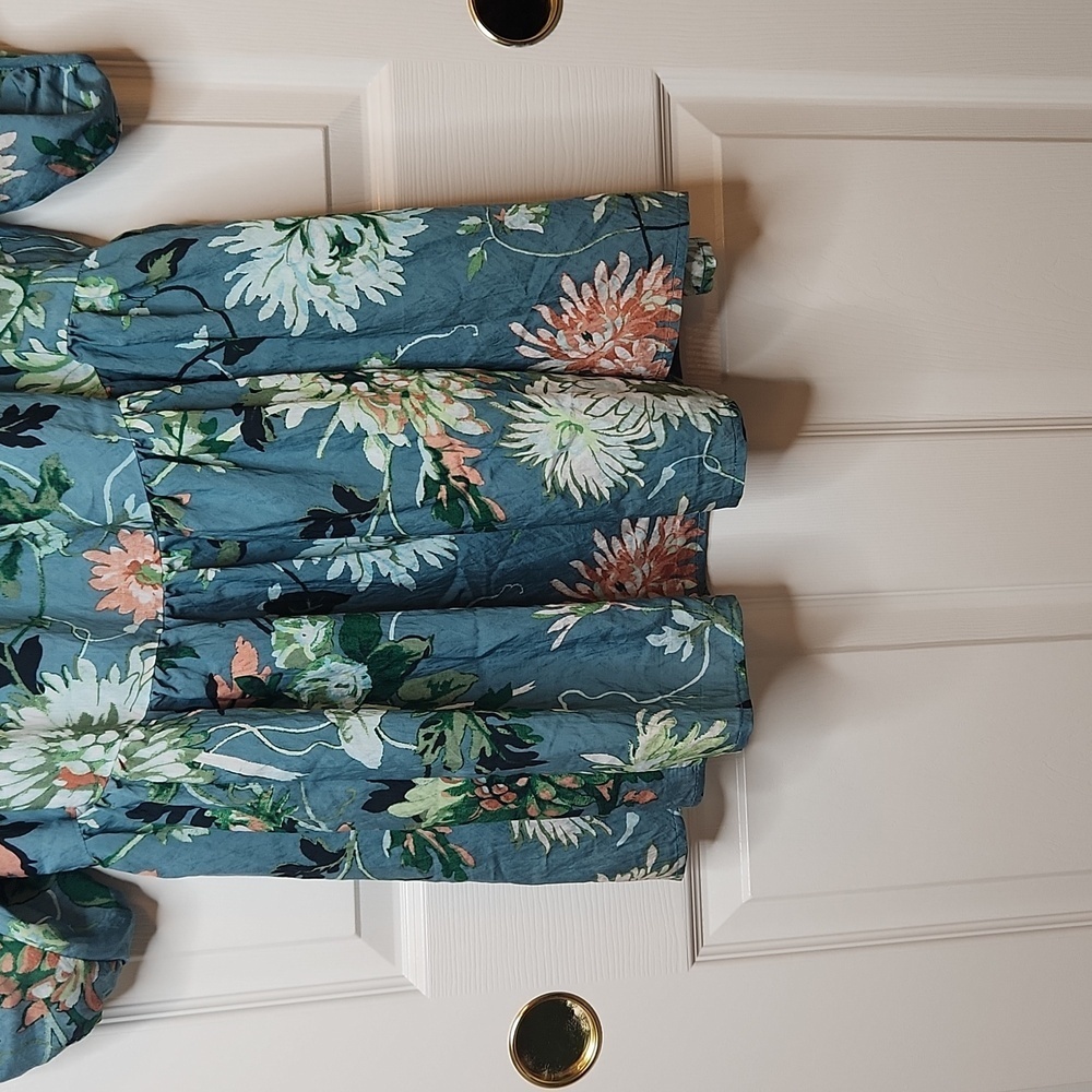 H&M Turquoise Green Floral Drop Waist Raglan Sleeve Dress Size XS - Picture 5 of 11